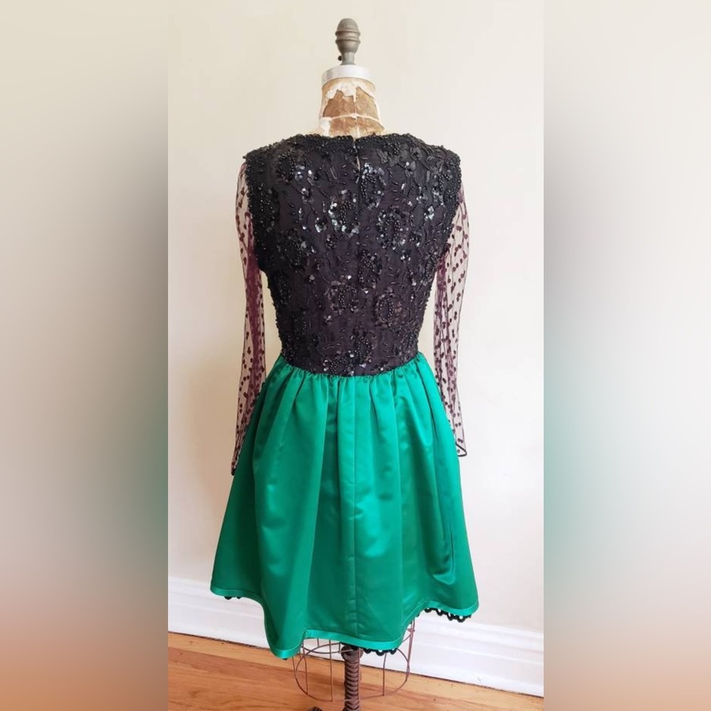 Party dress, black sequins, lace, green satin skirt